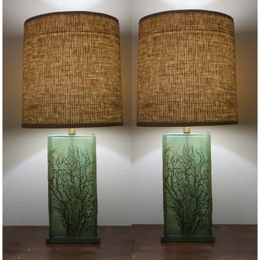 Pair of Frosted Green Acrylic Table Lamps With Carved Tree Design 