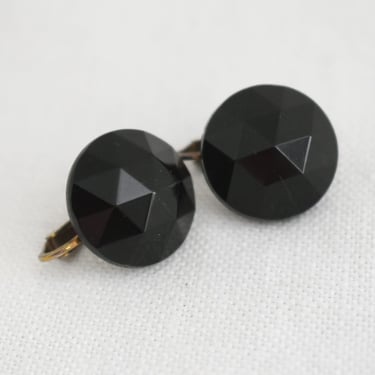 1960s Black Faceted Glass Clip Earrings 