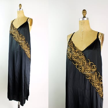 80s Black and Copper Maxi Slip / 1980s Black Slip Dress / Vintage Lingerie/ Size L/XL 