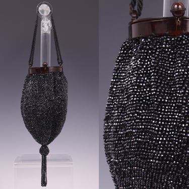 Vintage 1920's Black Iridescent Beaded Flapper Handbag • 20's Deco Mirror Top Purse 