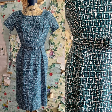 1960s Montigo Bay Geometric Printed Wiggle Dress with Matching Belt. Small/ Medium. By Copperhive Vintage. 