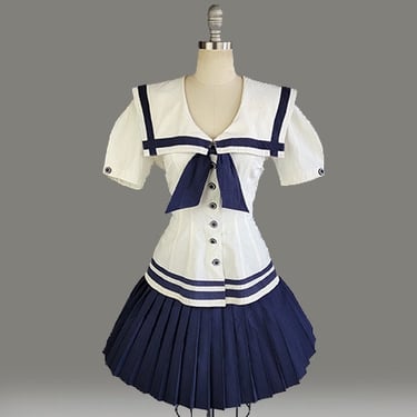 1980s Karen Alexander Dress Set / Sailor Dress / 1980s Blouse & Mini Skirt / Pin Up Sailor Dress / Sailor Girl Outfit / Size Small  Medium 
