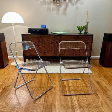 Pair of Vintage Anonima Castelli Plia Folding Chairs – Giancarlo Piretti Design – Clear Lucite & Chrome – Mid-Century Modern - Free Shipping 