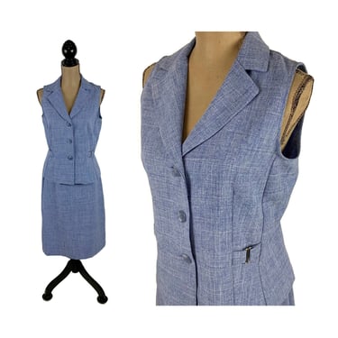 M 90s Blue Polyester Skirt Set, Two Piece Sleeveless Suit, Midi Skirt + Vest Top Summer Office Wear Medium Clothes Women Vintage 1990s SPAGO 