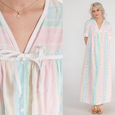 Striped Nightgown 80s Seashell Print Sleep Dress Snap Up Maxi Nightie Long Pastel V Neck Girly Pink Blue Yellow Green Vintage 1980s Large L 