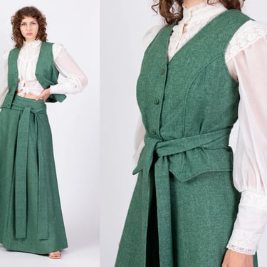 60s 70s Green Wool Two Piece Set - Medium | Vintage High Waisted Maxi Skirt & Button Up Vest Matching Outfit 