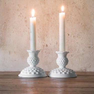Vintage Hobnail Milk Glass Candle Holders, White Candlestick Holders, Pair 