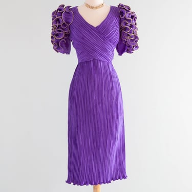 Fabulous 1980's Designer Richelene Purple Puff Sleeve Pleated Silk Party Dress / M