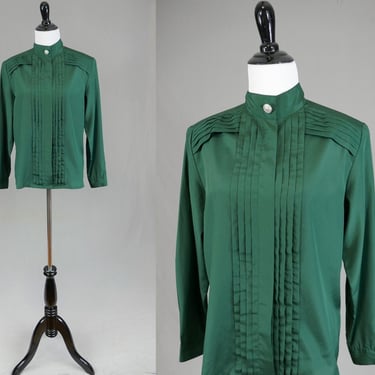 80s 90s Green Pleated Blouse - Long Sleeves, Shoulder Pads - Worthington - Vintage 1980s 1990s - M Petite 