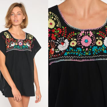 Black Floral Blouse Mexican Embroidered Flower Shirt Bohemian Hippie Top Festival Tunic Retro Short Sleeve Vintage Cotton Large L 