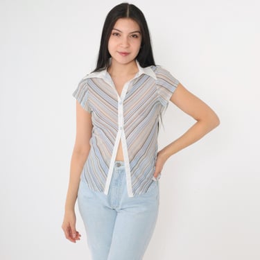 Vintage Y2K Chevron Stripe Top Blue White Semi Sheer Cap Sleeve Button Up Shirt Collared Split Front See Through Boho Hippie Extra Small xs 