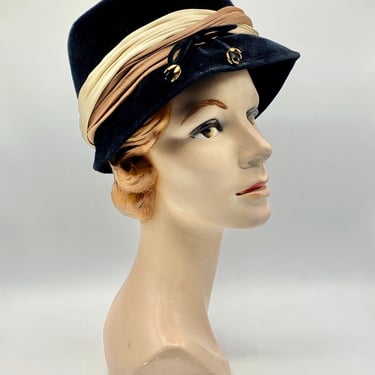 Vintage 1960s Black Velour Bucket Hat, Mid-Century Merrimac Fur Felt Flowerpot Hat, Medium-Large 