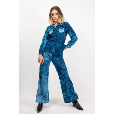 Vintage tie dye bell bottom 2 piece pant suit / 1970s Teena Paige western style studded set 