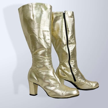 VINTAGE 60s Gold Metallic Space Age Go-Go Knee Boots Size 7 | 1960s MCM Mod High Heel Boots | VFG 