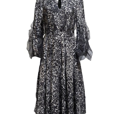 Longchamp - Black & White Abstract Print Ruffle Detail Midi Dress Sz 10