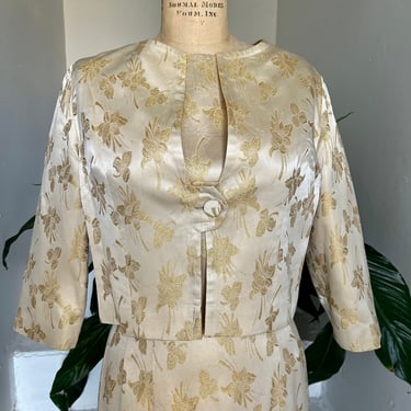 MCM Satin Floral Brocade Dress and Jacket 36 Bust Vintage 1960s Fashion 