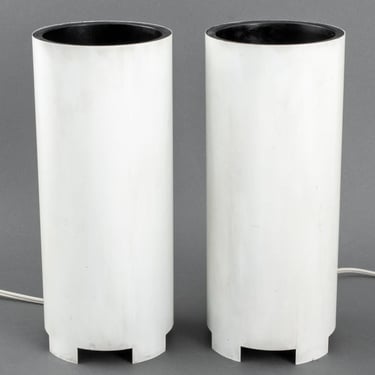 Modern White Enameled Metal Cylinder Lamps, Pair