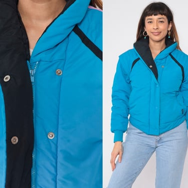 Convertible Puffer Jacket 80s Ski Jacket Bright Blue Retro Zip Off Sleeve Vest Puffy Coat 1980s Puff Zip Up Raglan Sleeve Jacket Small xs 