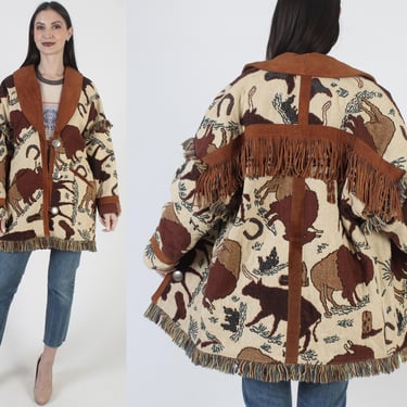 Pioneer Wear Tapestry Jacket, Vintage Fringe Western Coat, Suede Animal Print, Leather Button Up 