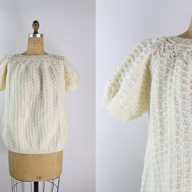 70s Cream Short Sleeves Sweater / Spring Sweater / Handmade Sweater/ Vintage Cream White Knit Pullover Sweater / Size M/L 