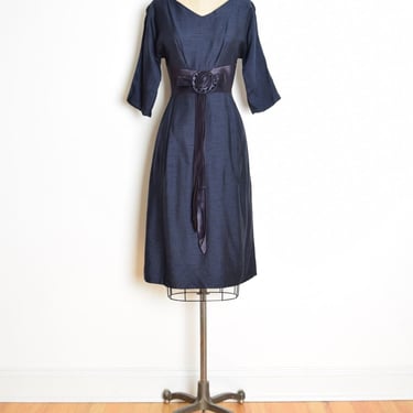 vintage 60s dress navy blue satin rosette cocktail party dress shantung M clothing 