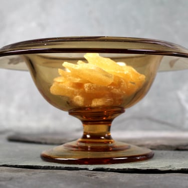Vintage Light Amber Depression Glass Stemmed Bowl - Etched Floral Design - Drop Lip Bowl - Small Glass Centerpiece Bowl | Bixley Shop 