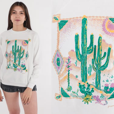 Glitter Desert Sweatshirt 90s Arizona Sweatshirt Sparkly Cactus Flower Lizard Sun Graphic Shirt White Sweater Retro Vintage 1990s Medium M 