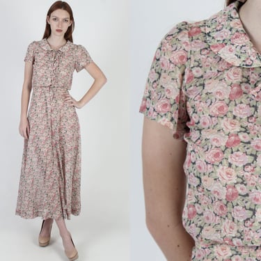 Vintge 70s Romantic Edwardian Dress / Delicate Floral Rose Print Prairie Dress / Womens 1970s Garden Bias Cut Maxi Dress 