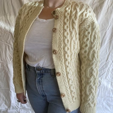 60s 70s Hand Knit Fisherman's Cardigan Cream Off-White Cable Knit Size M 