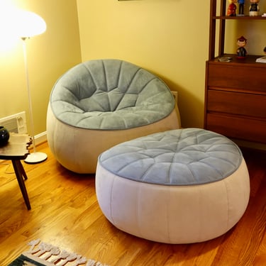 Ligne Roset Swivel Chair and Ottoman Alcantara Blue abd Cream Fabric - Free Shipping 