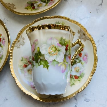 6 Piece of Antique Royal Rudolstadt Prussia Transluscent Porcelain Chocolate Cup and Saucer In The Rare Christmas Rose & Holly Pattern by LeChalet