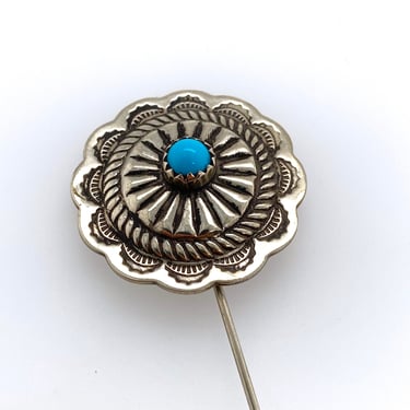 Vintage Navajo Concho Turquoise Silver Stick Pin Stamped Designs Southwestern 