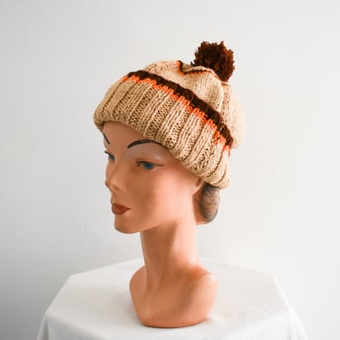 1970s Beige Sweater Knit Winter Hat with Pom 