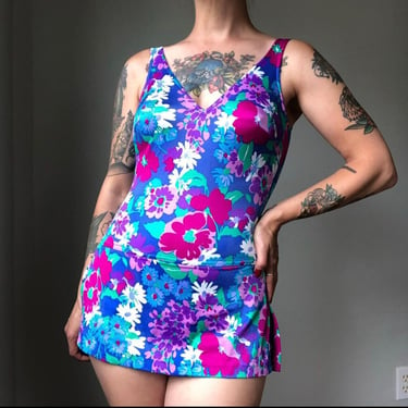 Vintage Roxanne floral swimsuit / 1980's swimsuit / Skirted one piece suit / scoop back / size XS - small by Ru