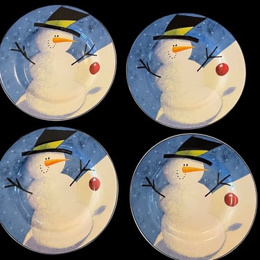 Vintage 1990s Set of 4 Christmas Cherry Snowman Dishes by Zulauf Designs for Sakura Oneida 