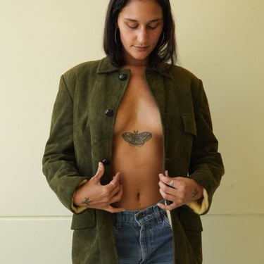 1970's Suede Jacket / Green Shearling Lined Jacket / Collar Leather Shirt / Suede Haute Hippie shirt / Leather Shirt Jacket 