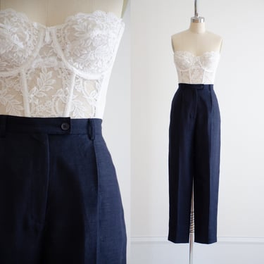 linen trousers 90s vintage navy blue dark academia pleated straight leg trousers 