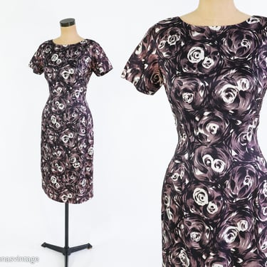 1950s Black & Gray Rose Print Dress | 50s Black Floral Print Dress | Leslie Fay | Small 