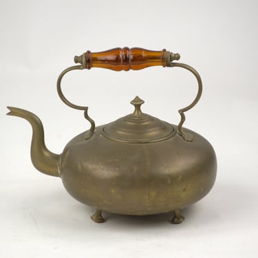 Antique Brass Footed Kettle with Amber Handle 