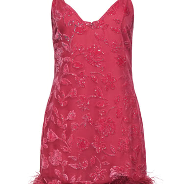 NBD - Dark Pink Floral Velvet Slip Dress w/ Marabou Feathers & Rhinestones Sz M