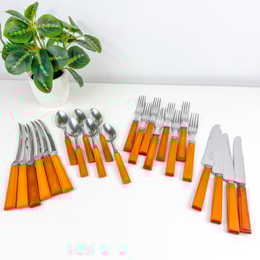 Vintage Butterscotch Bakelite Stainless Steel Flatware Set of 24pc, Anders & Henry's Stainless, Art Deco Bakelite Handled fork, spoon, knife 