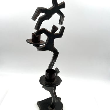 Whimsical Postmodern Torch Cut Solid Iron Candle Holder Sculpture Signed