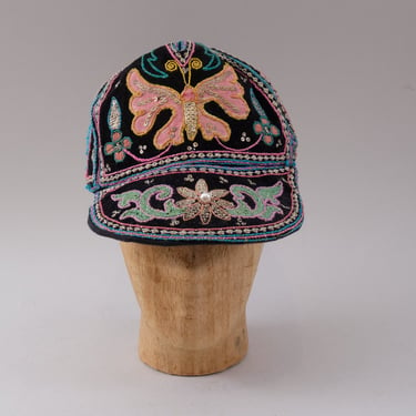 Vintage 90s Beaded Cap Butterfly Sequin Embroidered Boho Hat 