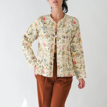 Vintage 40s Cream Quilted Reversible Floral Print Chore Jacket | Cotton | Cottagecore, Boho, Housecoat | 1940s Handmade Bohemian Jacket 
