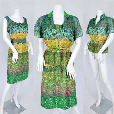 1970's Green yellow Floral Garden Party 2 Pc Wiggle Dress I Tie Top I Sz Med I Leslie Fay 