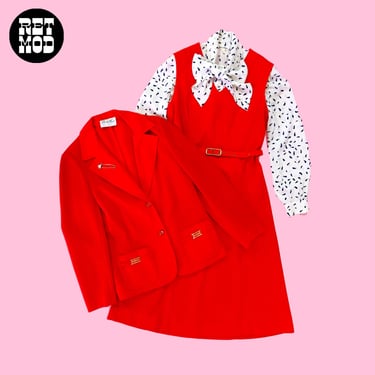 Amazing Vintage 60s 70s Bright Red Butte Knit Two-Piece Dress & Blazer Mod Set 