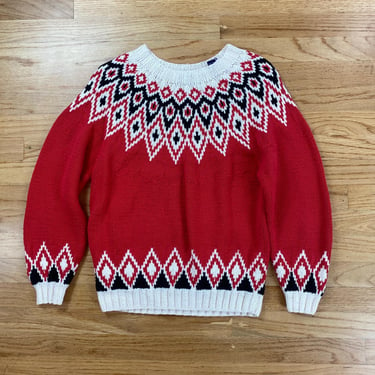 Vintage GAP Brand Ski Sweater, Knit by Hand 100% Cotton, Red Black and White Fair Isle Knit Sweater, 1980s GAP Women's Sweater, size XL 