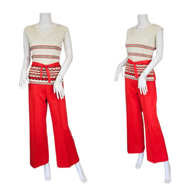 1970's 2 Pc Red and White Poly Pantsuit I Sz Med I Gold Lurex 