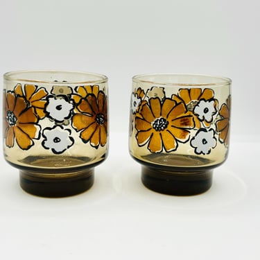 One Pair of Vintage 1970s Floral Libbey Camellia Tawny Tumblers 8 Oz Drinking Cups by LeChalet