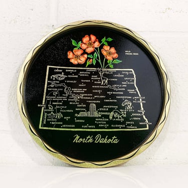 Vintage Metal North Dakota Drink Tray Plate Souvenir Retro Round Mid-Century Barware Black White Green Wild Praire Rose Bar Bismarck 